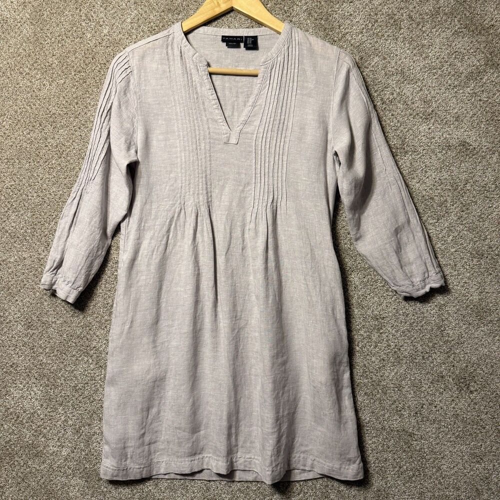 100% Linen Pintuck Tunic V-Neck Pullover Women Dress XS Light Gray By Tahari